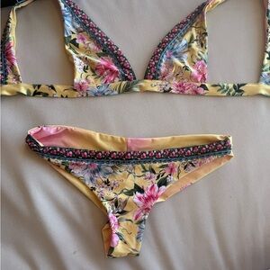 Agua Bandita EMBROIDERED HALTER Yellow and Pink Floral Bikini